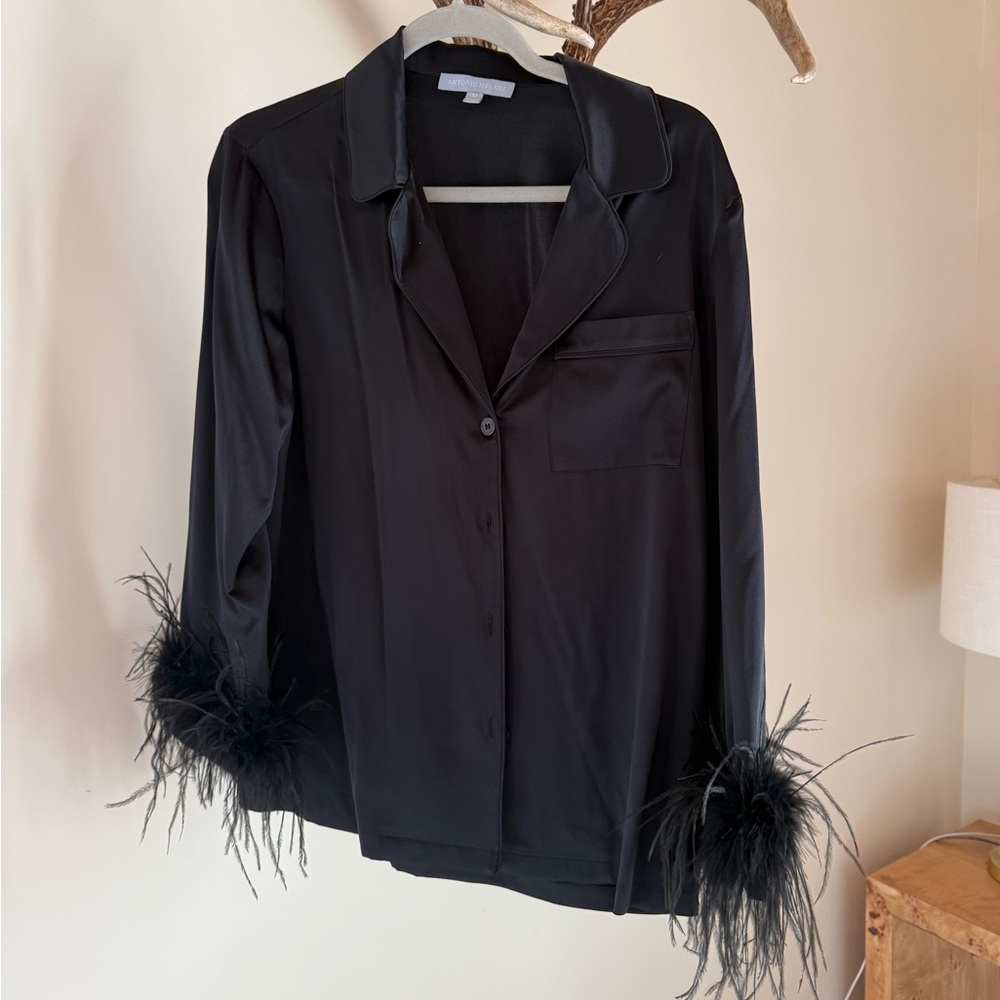 ANTONIO MELANI Black Satin Blouse with Feather Cuffs